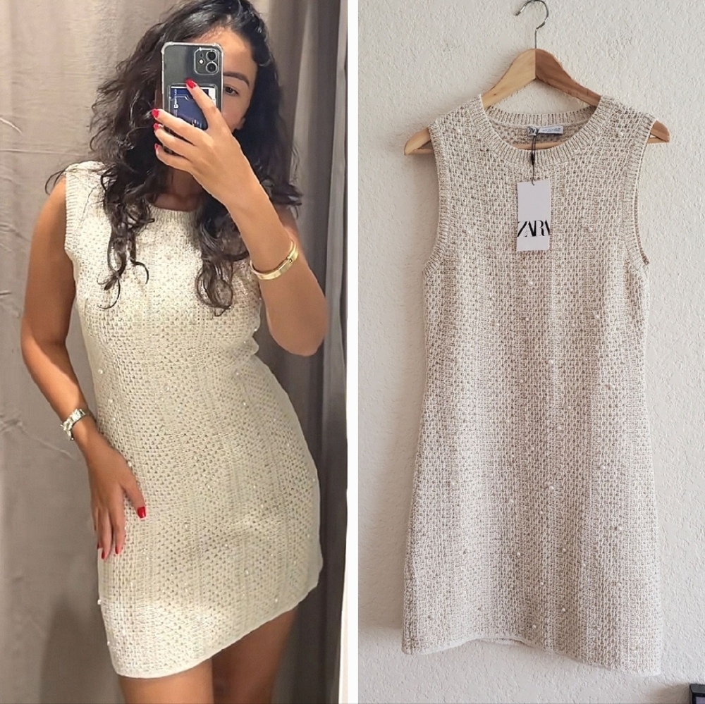 ZARA PEARL KNIT MINI DRESS SIZE M - Picture 3 of 14